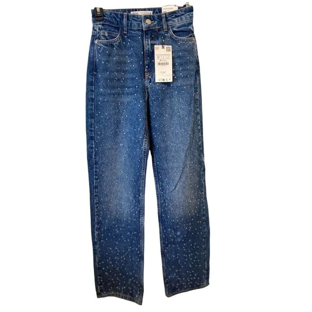 Zara Womens Jeans EU 4 US 0 Beaded Blue Studded Straight High Waist 6147/194 NWT